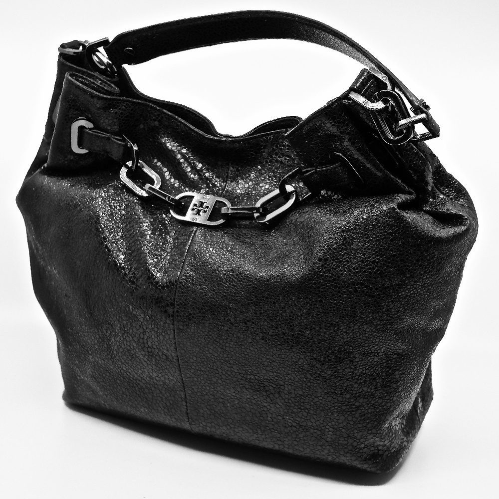 TORY BURCH~natalya~BLACK CRACKLE LEATHER HOBO BAG